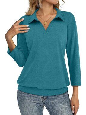 Women's Turquoise V Neck Banded Bottom 3/4 Sleeve Shirts Collared Casual Blouses